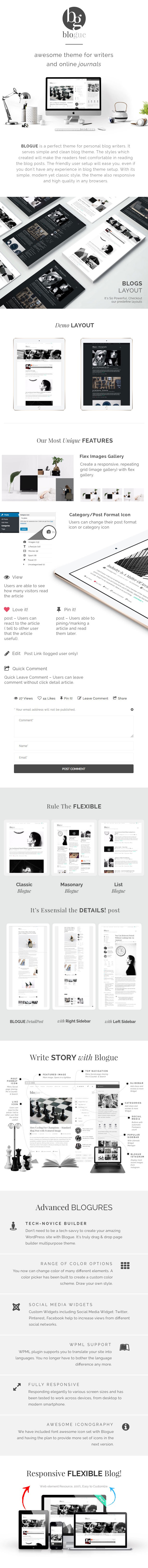 BLOGUE is a perfect theme for personal blog writers. It serves simple and clean blog theme. The styles which created will make the readers feel comfortable in reading the blog posts. The friendly user setup will ease you, even if you don't have any experience in blog theme setup. With its simple, modern yet classic style, the theme also responsive and high quality in any browsers